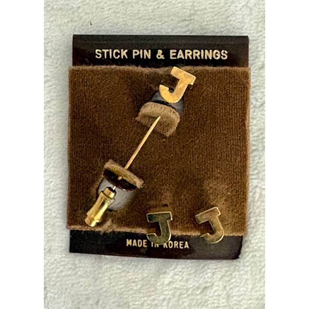 Vintage "J" Initial Gold-Tone Stick Pin & Earring Set